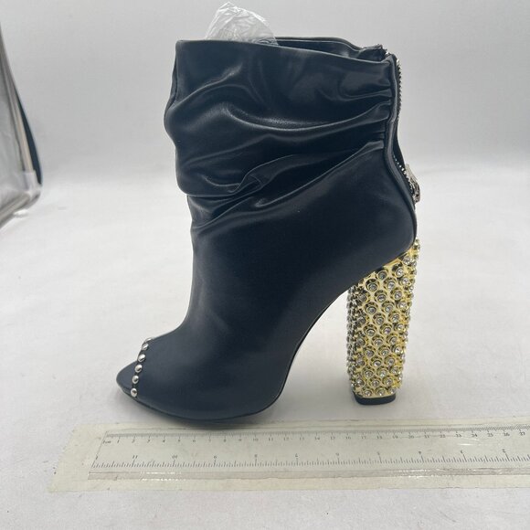 FSJ Black Stylish Peep Toe Slouch Ankle Boots Chunky Stacked Heels Crystal Shoes - Picture 2 of 8
